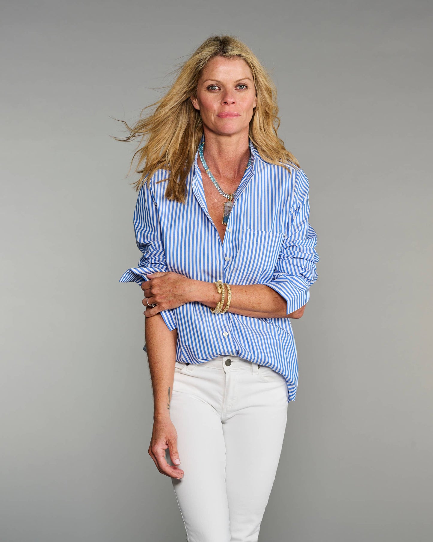 The Mod II Shirt in Lapis Blue Stripe (Band Collar)