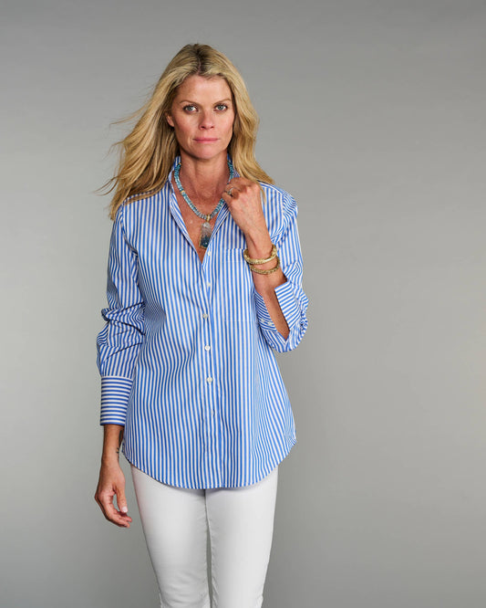 The Mod II Shirt in Lapis Blue Stripe (Band Collar)