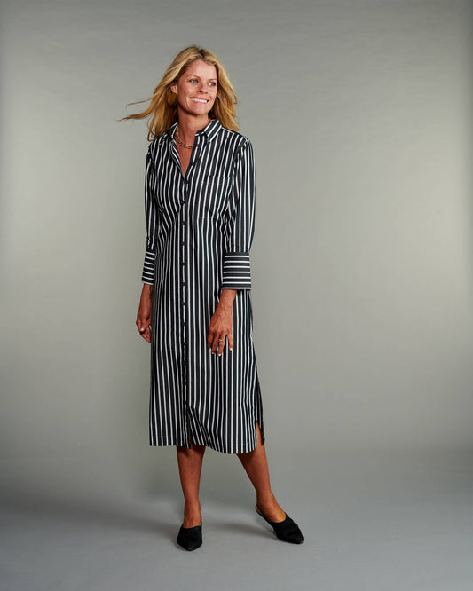 The Button-Down Shirtdress in Ebony with White Stripes