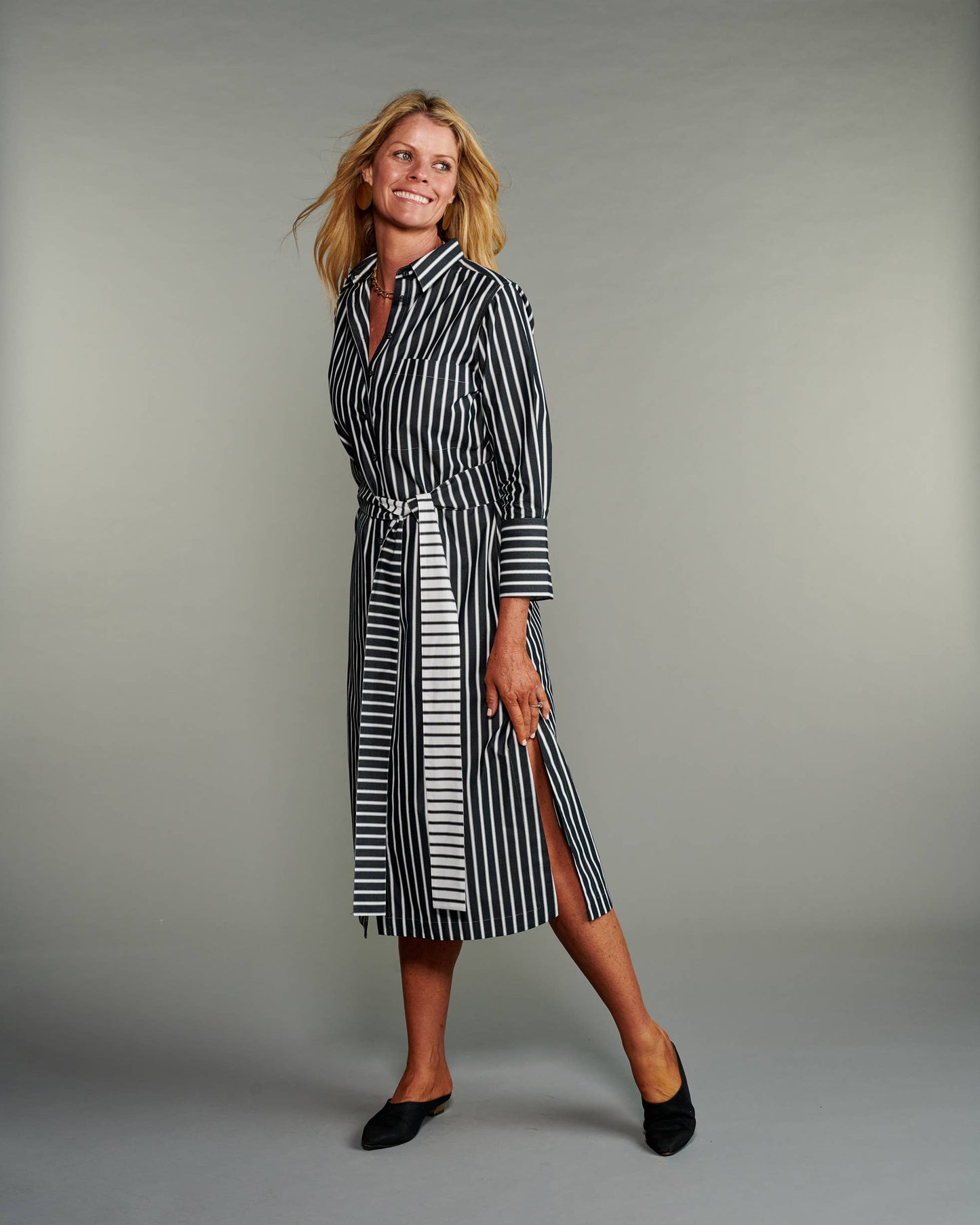 The Button-Down Shirtdress in Ebony with White Stripes
