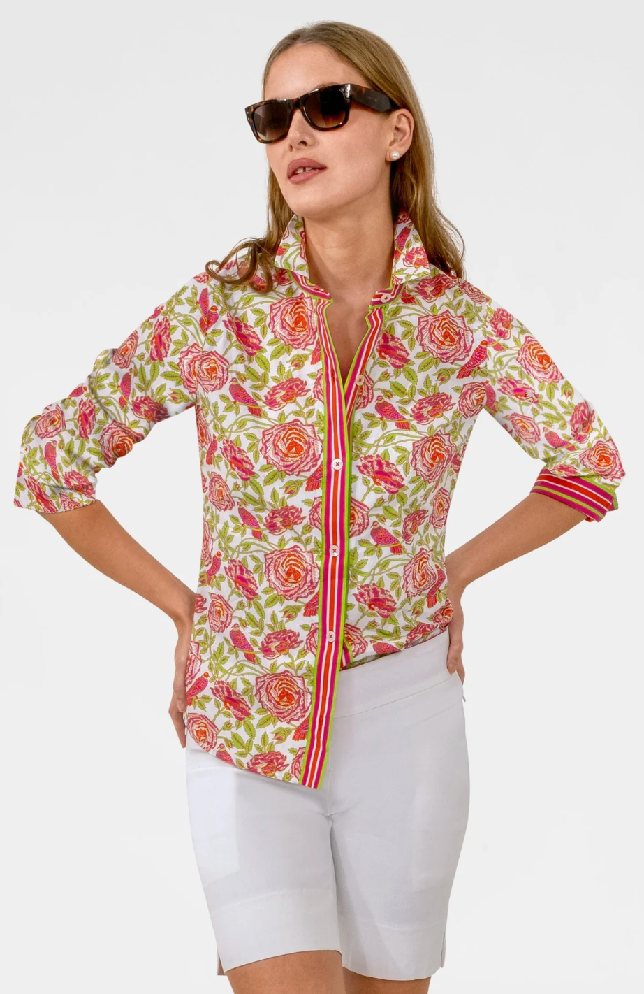 BENMEDSPA | GRETCHEN SCOTT | Boyfriend Shirt Pink Orange Smell the Roses Pink Lime