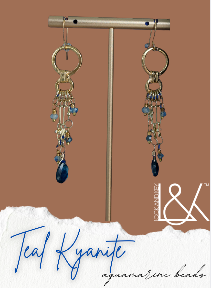 VibrantMe MediSpa | Bronze Teal Kyanite Multidangle Drop Earrings | Teal Kyanite & Aquamarine Beads