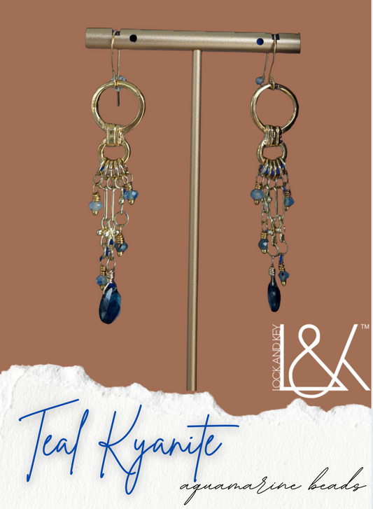 VibrantMe MediSpa | Bronze Teal Kyanite Multidangle Drop Earrings | Teal Kyanite & Aquamarine Beads