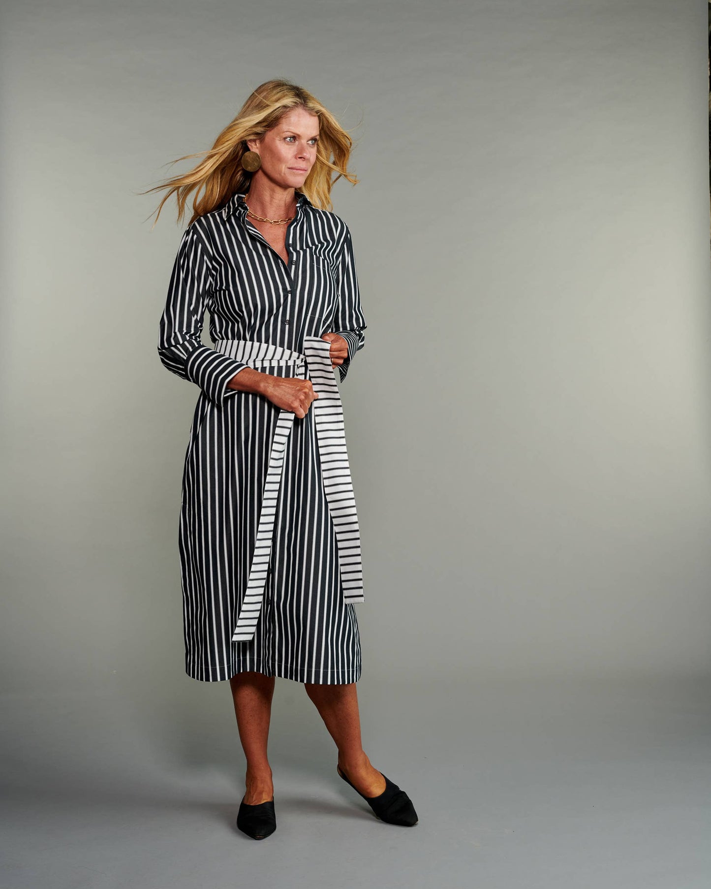 The Button-Down Shirtdress in Ebony with White Stripes