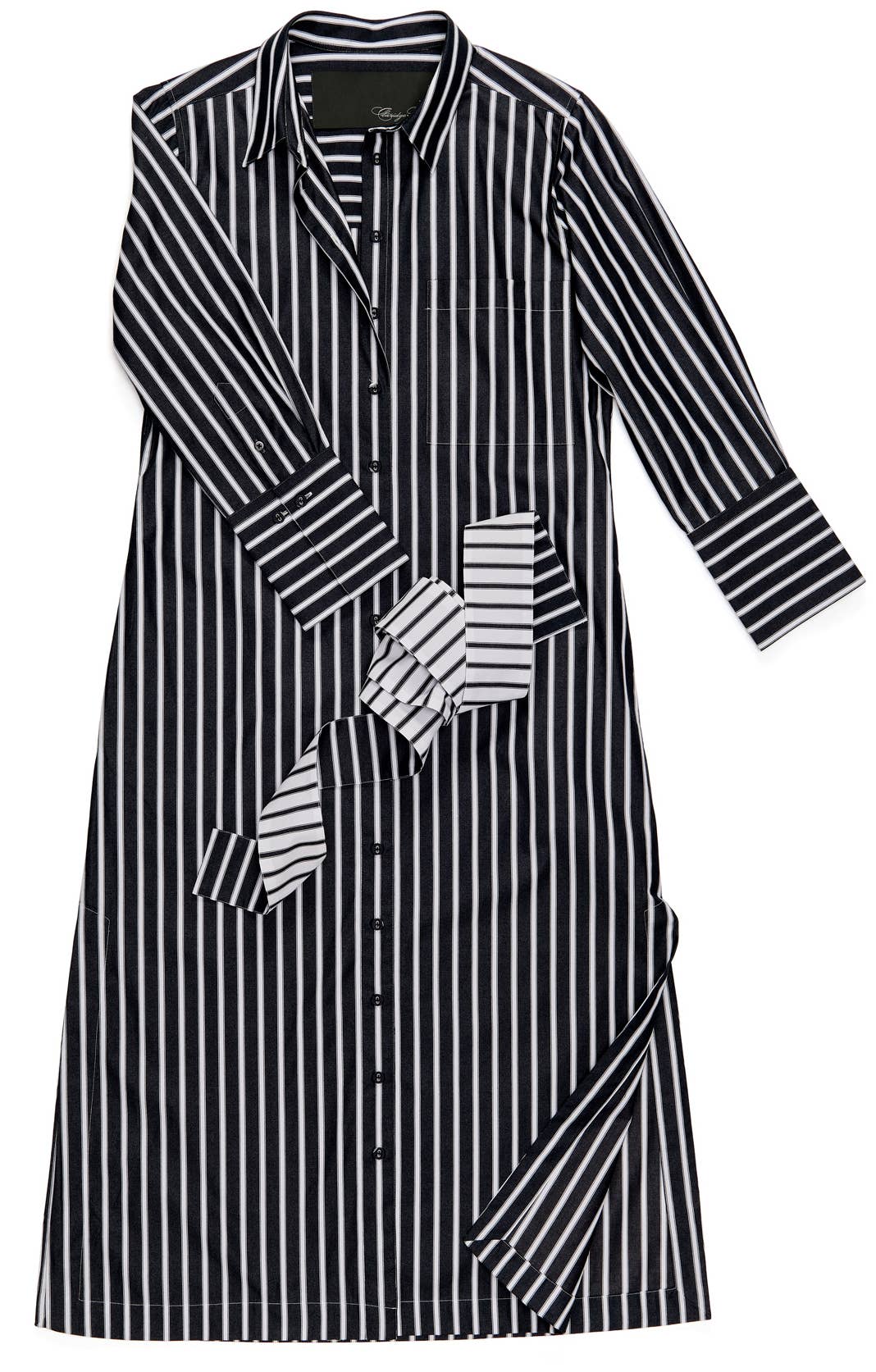 The Button-Down Shirtdress in Ebony with White Stripes