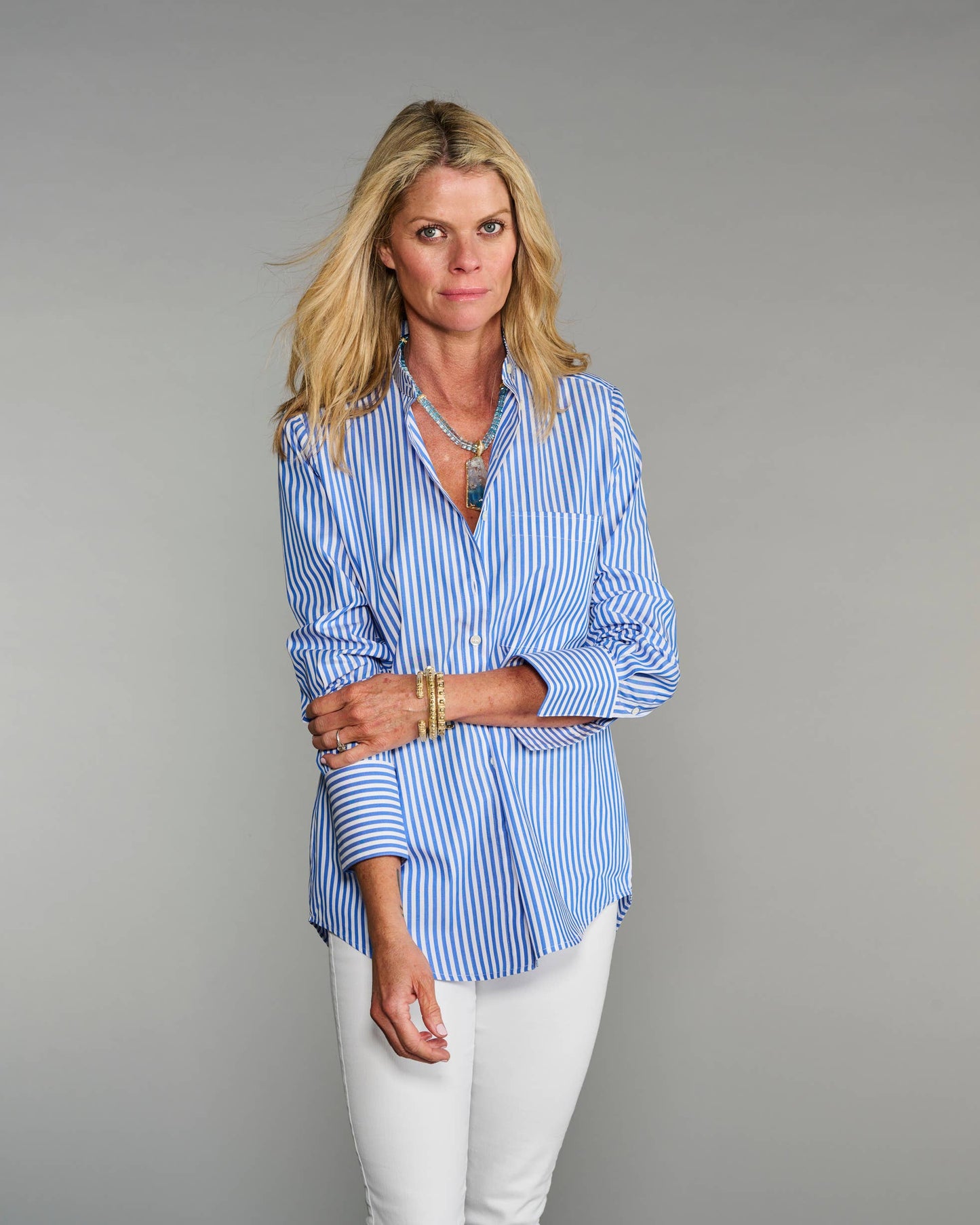 The Mod II Shirt in Lapis Blue Stripe (Band Collar)